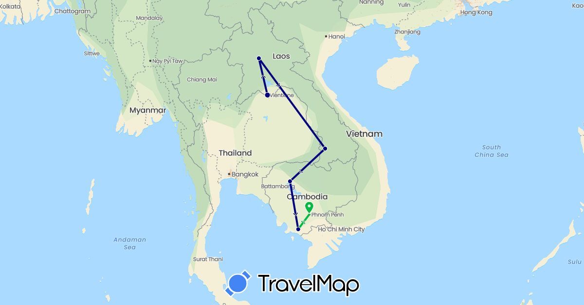 TravelMap itinerary: driving, bus in Cambodia, Laos (Asia)